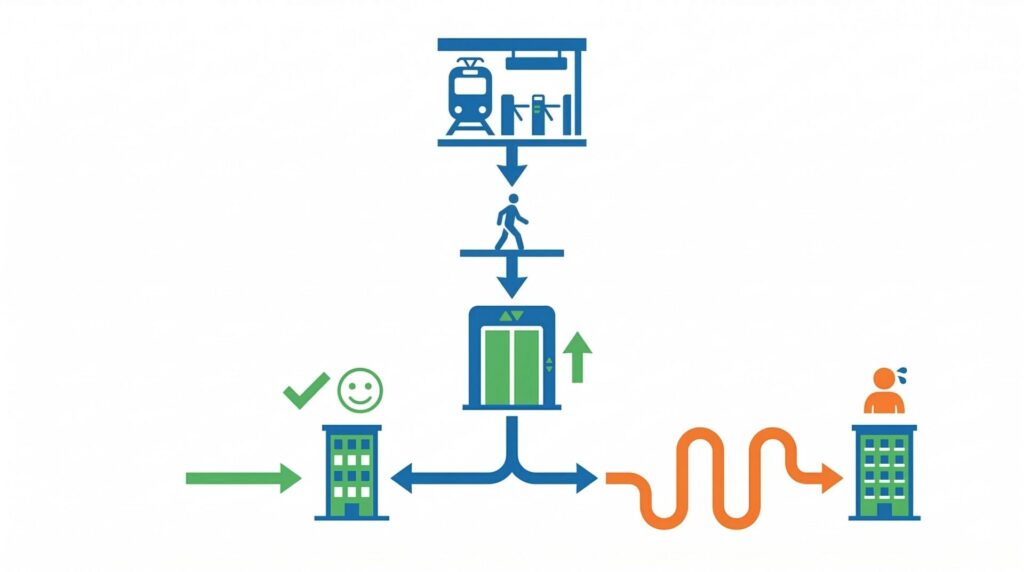 棟の位置で変わる駅からのトータル徒歩分数
