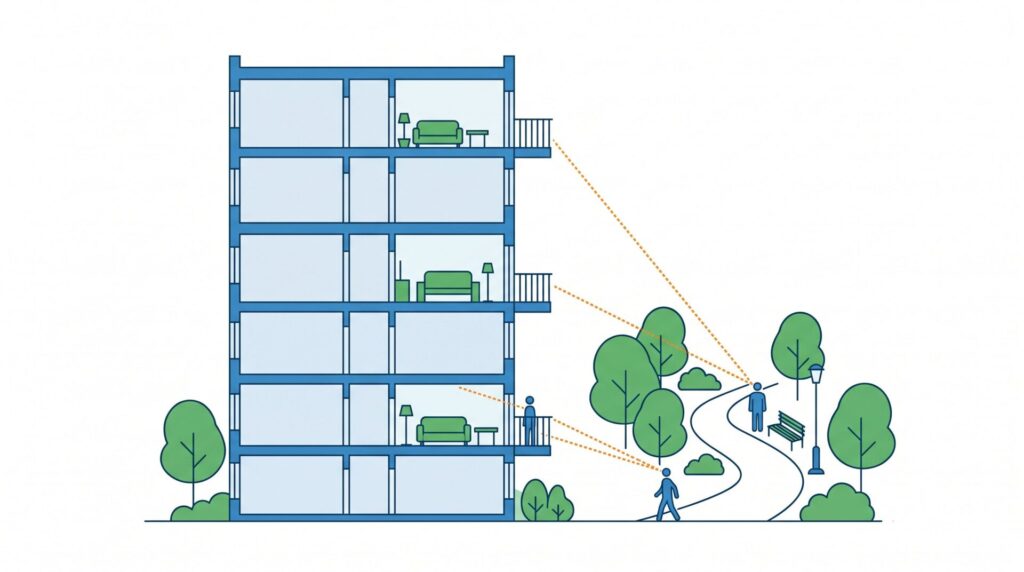 歩行者専用道路に接する住戸特有のプライバシー保護と動線確認