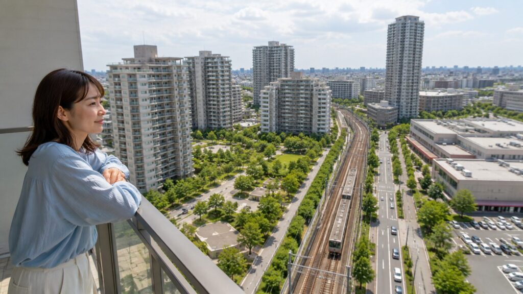 線路と道路と商業施設に対する各棟の位置関係