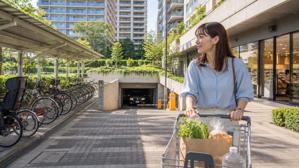 買い物と駐車場とサイクルポートへの敷地内動線
